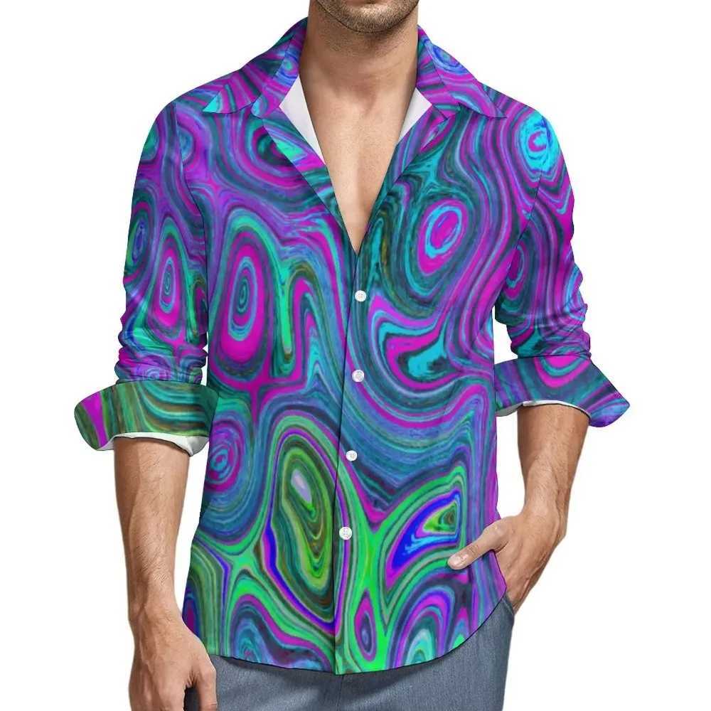 Retro 70S Style Casual Shirts Mens Vintage Blue Pattern Shirt Long Sleeve Vintage Stylish Blouses Spring Custom Top Plus Size W250312