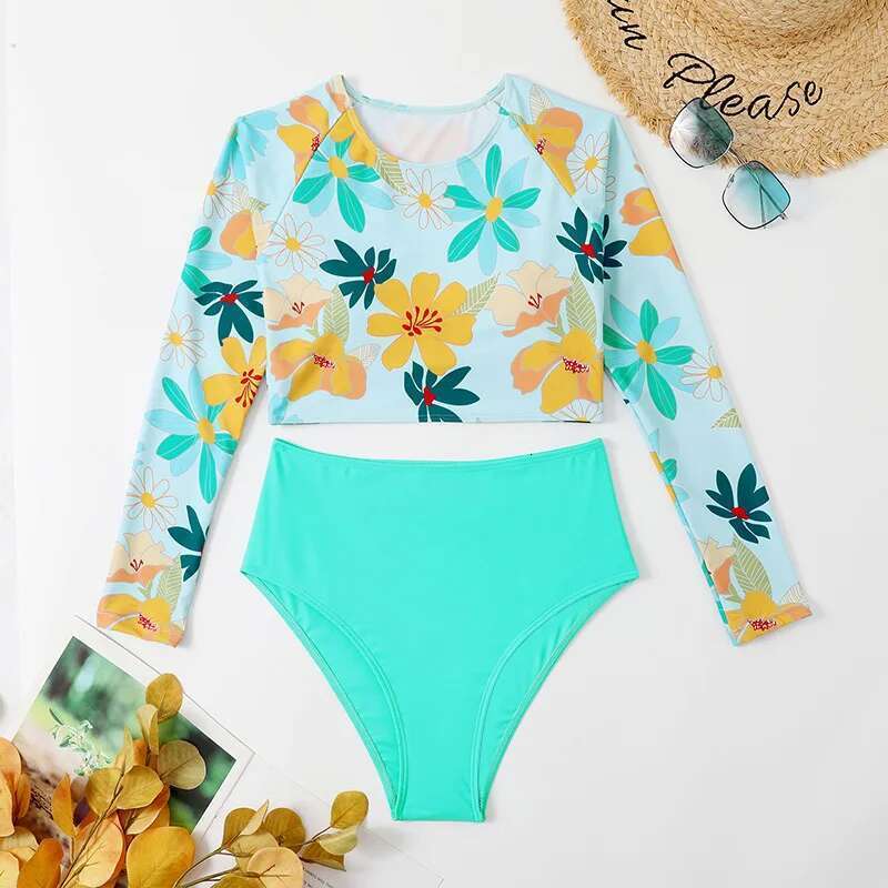 Women Surfing Bikini Long Sleeve Crop Tops Swimwear Print Two Piece Swimsuit Female Swimming Suit Beach Wear