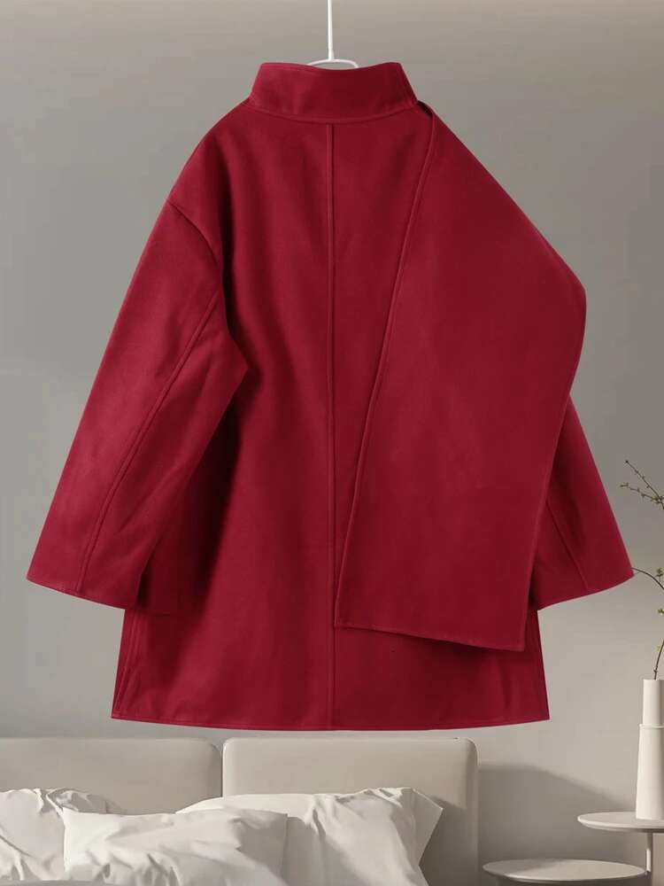 Scarf Collar Chic Woolen Coat Women Classic Loose Long Sleeve Thicken Warm Jacket Female 2024 Winter Pocket Street Outwear Top