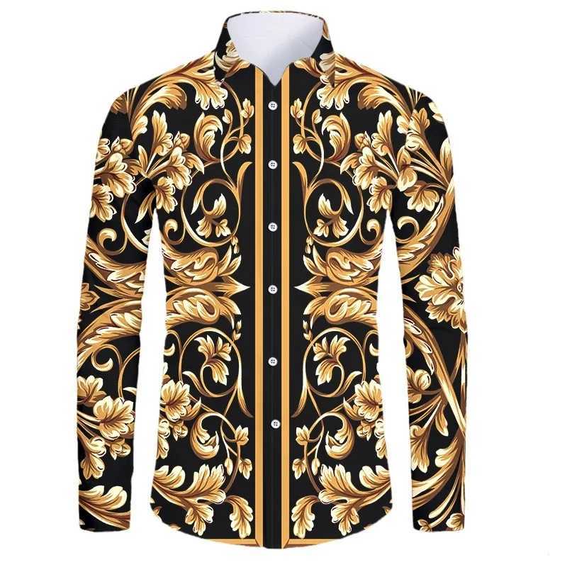 Athleisure High-end Luxury Gold Pattern 3D Printed Long Sleeve Button Down Shirt Mens Street Style Fashion Top Hip Hop Clothing W250312