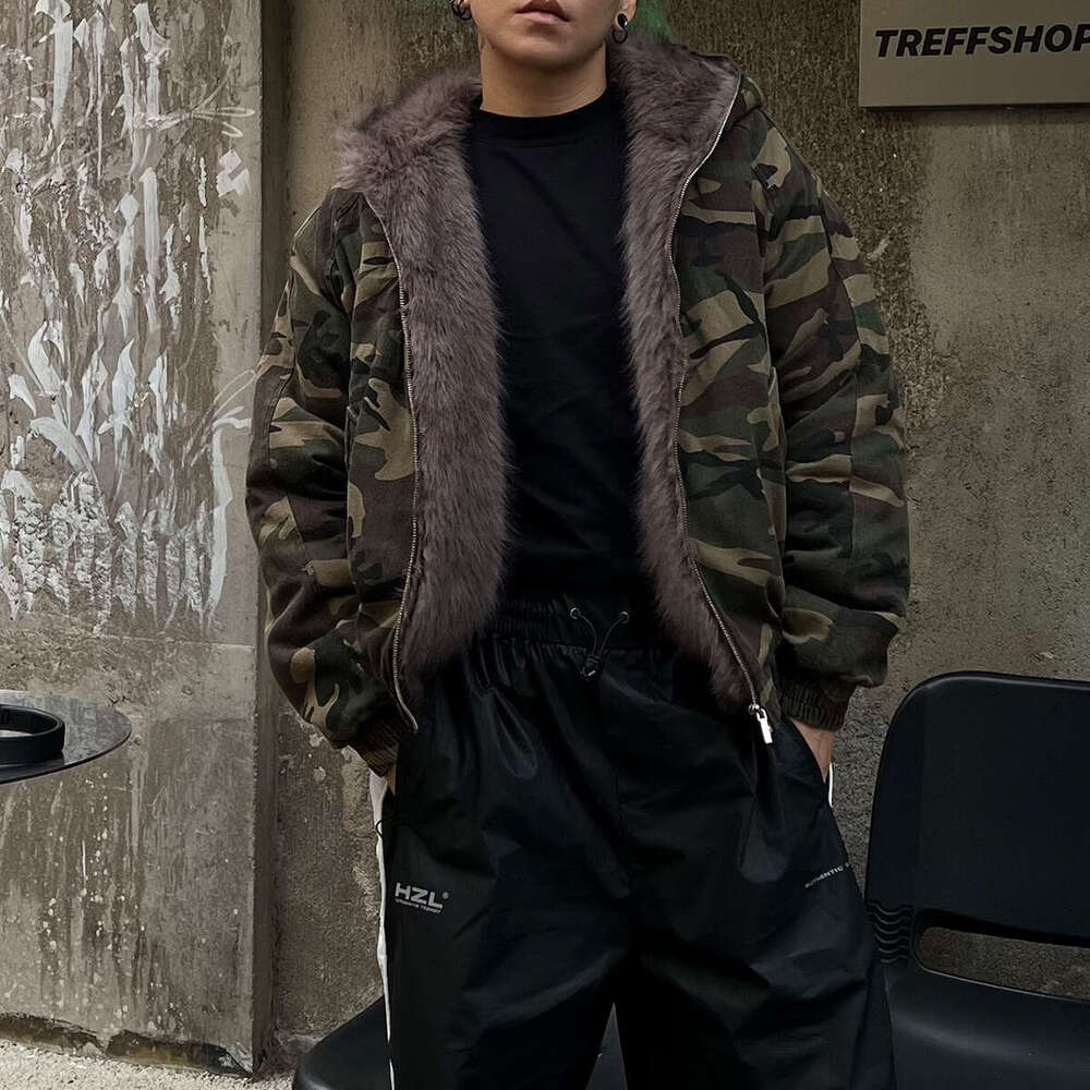 Jiayiku Men's 2024 New Winter Camouflage Breadwear With Velvet And Jacket, American Trendy Brand Cotton Jacket