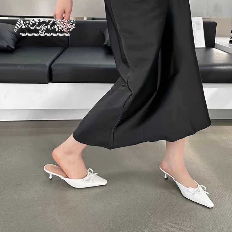 hot Patent Leather Bowknot Me Slides Wan Pointed Toe Kitten Heel Pump Sandals Ladies Bright Color ning Party Dress Shoes Z250311