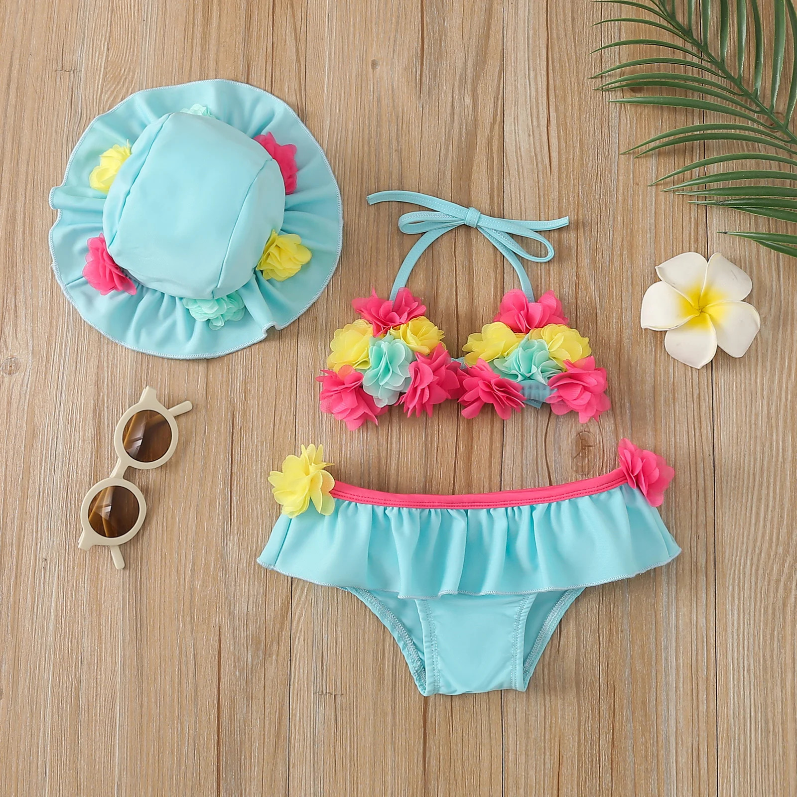 FOCUSNORM 0-24M Summer Cute Baby Girls Bikini Sets 3pcs Flowers Strap Sleeveless VestShorts Sun Hat Swimsuits 250311