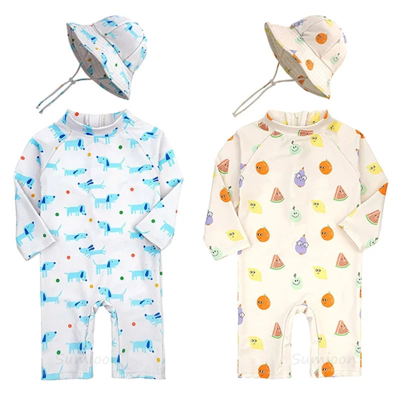 Baby Girls Swimsuit Long Sleeves One Piece Swimwear for Kids Toddler Cartoon UPF50 Rash Guards Infant Bathing Suit Korea Sets 250311