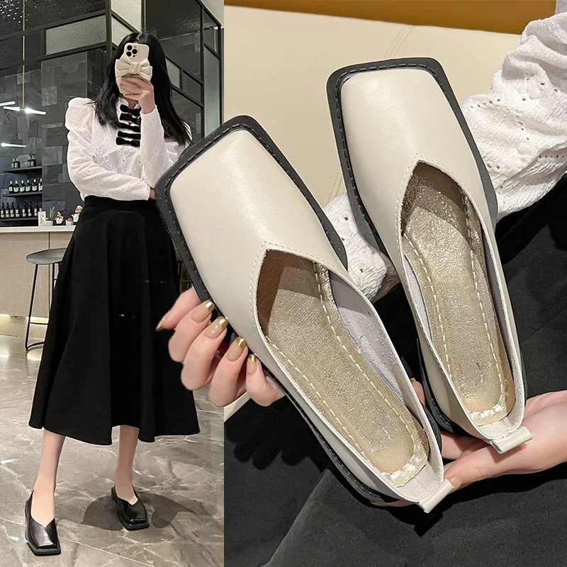 2024 Flat Shoes Women Square Toe Single Shoes Simple Temperament Leather Shoes Spring Autumn 4 Colors 250305