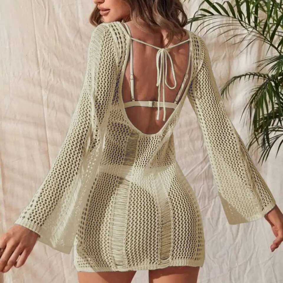 Women Swimsuit Crochet Cover-Up Solid Color Long Sleeve Sheer Knit Lady Beach Swimwear Sexy Hollow Backless Tunic Top For Summer
