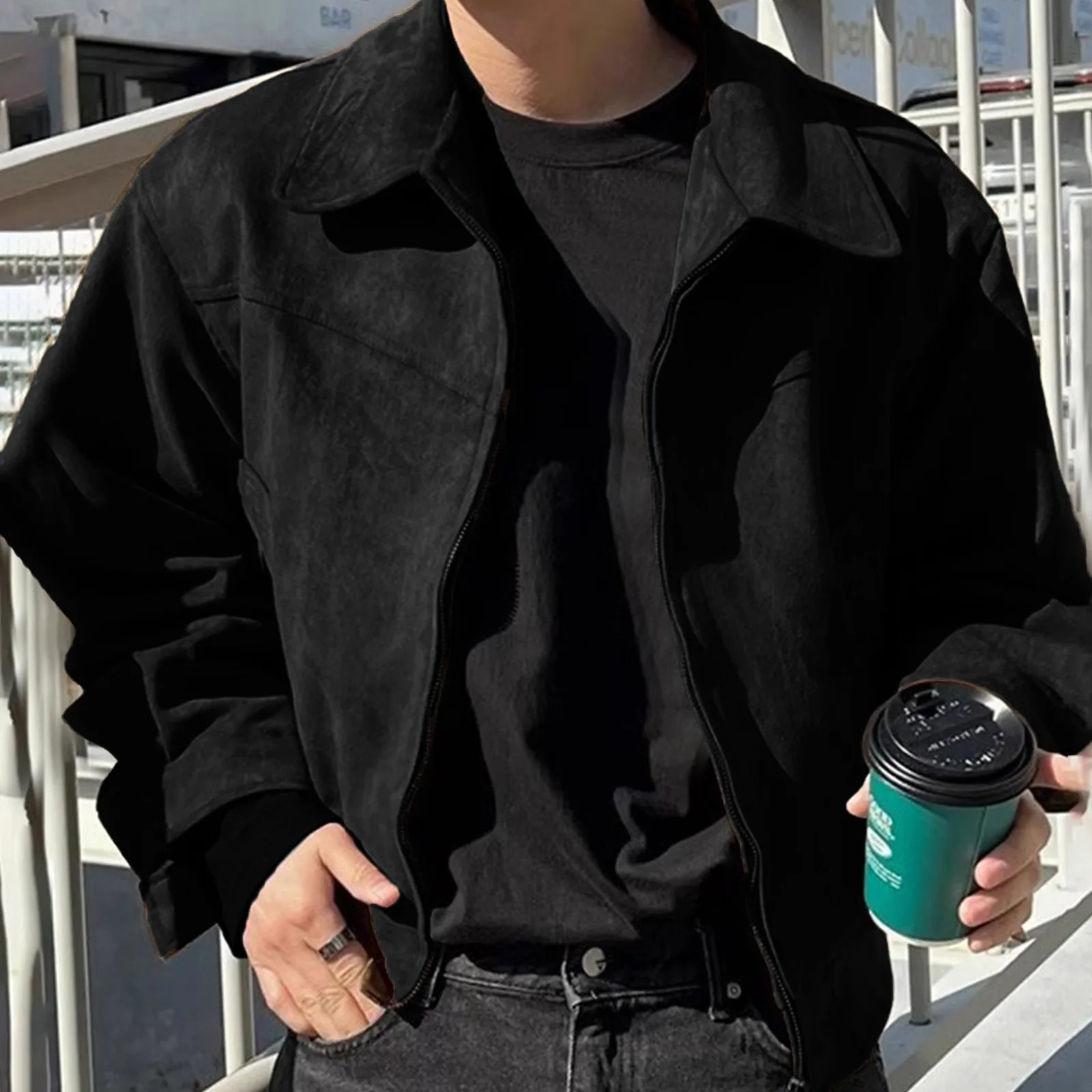 Mens retro cut lapel jacket with spring and autumn zipper fashion casual brown coffee bomber 250312