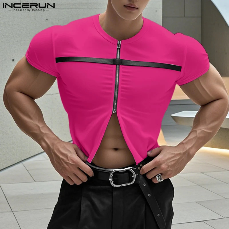 INCERUN Tops Korean Fashion Mens Half Pull Splicing n Summer Street Casual Short Sleeve Tank Top 250312