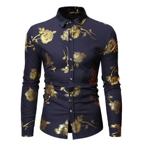 Mens Golden Rose Flower Printed Shirt Brand Flower Steampunk Chemical White Long Sleeve Wedding Party Solid Color Camisa Masculina New W250312