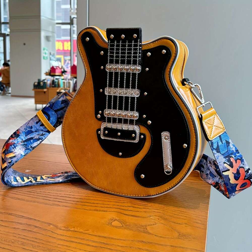2024 Niche Guitar Shaped Y2K Style Novelty Crossbody Bag, Rivets Decor Trendy Shoulder Bag