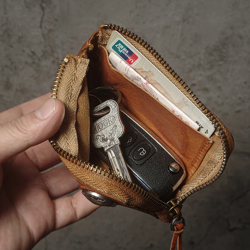 Top Cowhide Car Key Bags Men Women Vintage Zipper Coin Purse Genuine Leather Wallet Card Holde |Housekeeper Home Organizer 250311