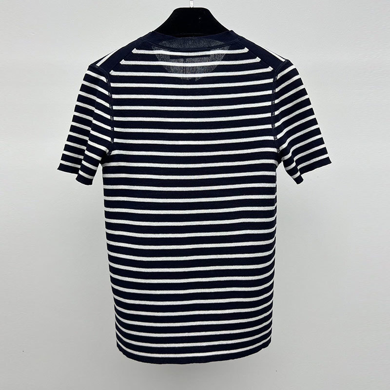 Women's Cashmere Striped Short Sleeve T-Shirt Designer Round Neck Button Detail Loose Fit Knit Tees Trendy Sexy Early Spring Fashion Luxury High-