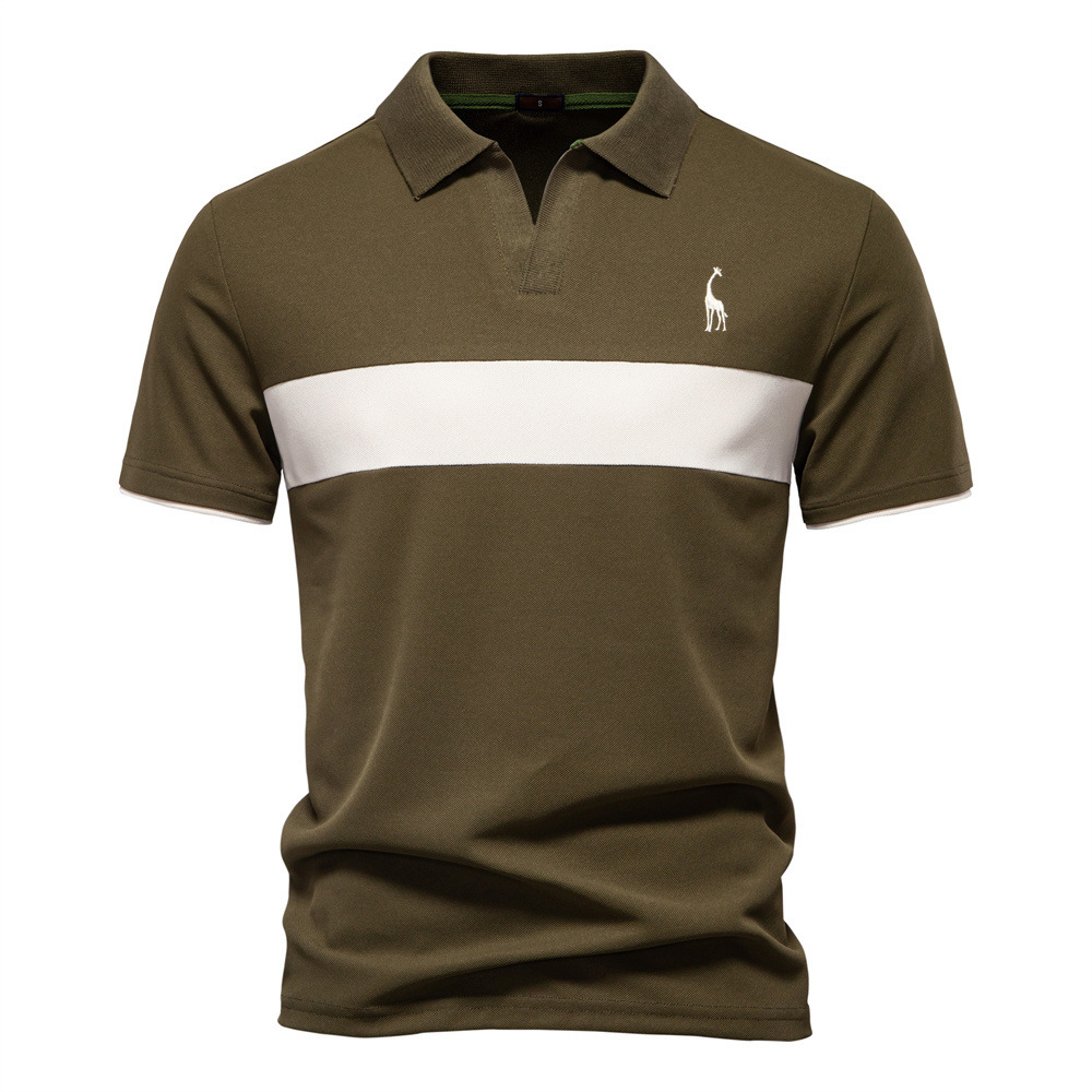 2025 Summer New Product: Deer Embroidered Men's Flip Collar Short sleeved T-shirt with Splicing V-neck Polo Shirt for Men tracksuit