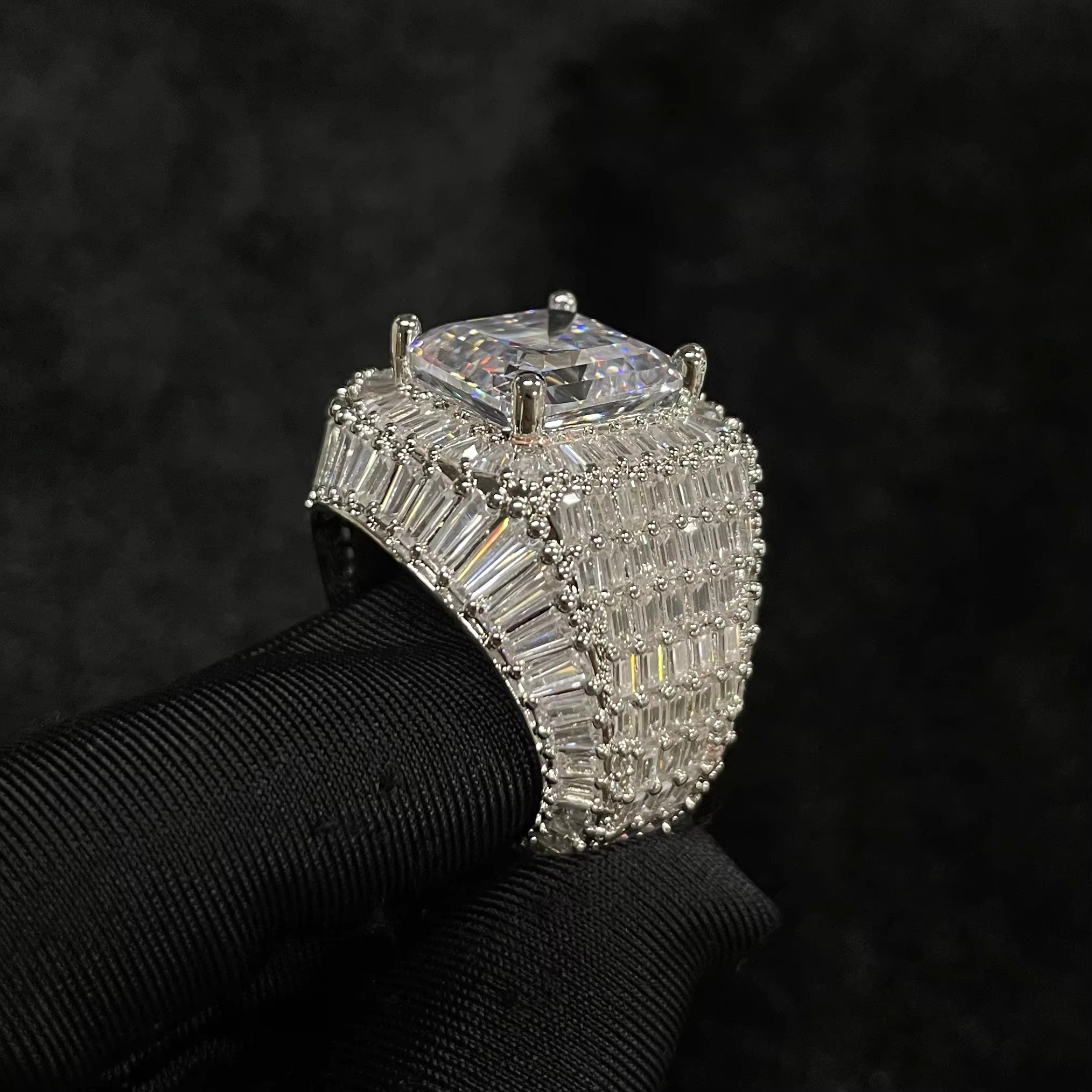 Iced Out Ring S925 Moissanite Nugget Radian Emerald Cut Customized Moissanite Ring