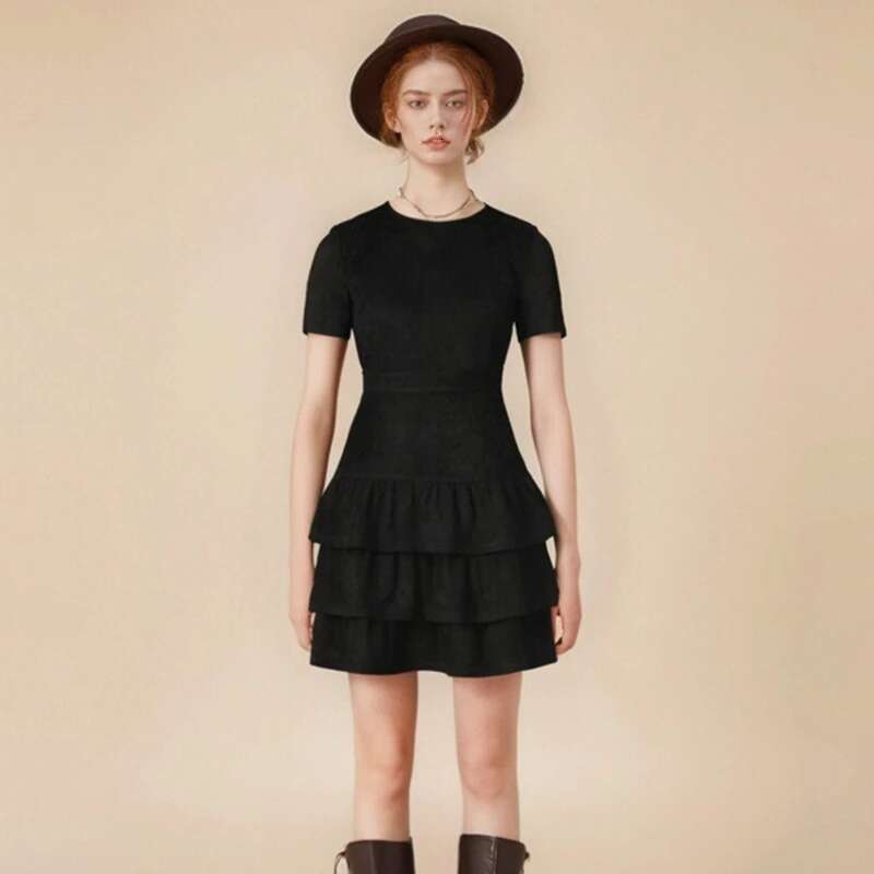 Sexy Slim High Waist Cake Dresses For Women Spring Autumn Winter Solid O-Neck Mini Suede Dress Female Party Short Gown Vestido