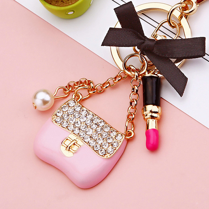 Chic Ladies' High-End Car Accessory Keychain Featuring Shimmering Diamond Accents - Designer Bag Decor Charms