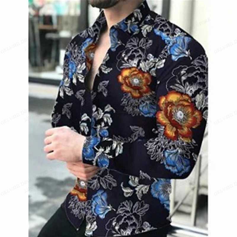 Long sleeved Hawaiian shirt mens fashion shirt floral shirt Cuban beach shirt lapel Camisas floral shirt button W250312