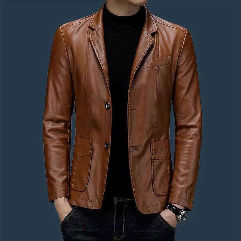 Men Pu Blazers New Korean Style Slim Fashion Leather Coat Streetwear Dress Suit Coat Mens Jackets Lapel Business Leather JacketsT250311