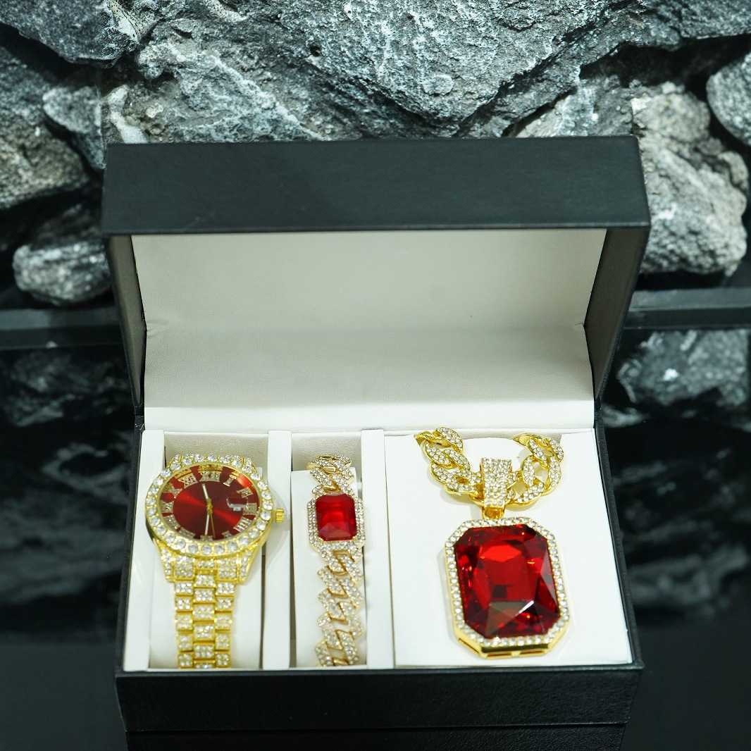 TMEU hot selling red alloy pendant bracelet necklace watch 5-piece set mens high-end gift box jewelry W250312