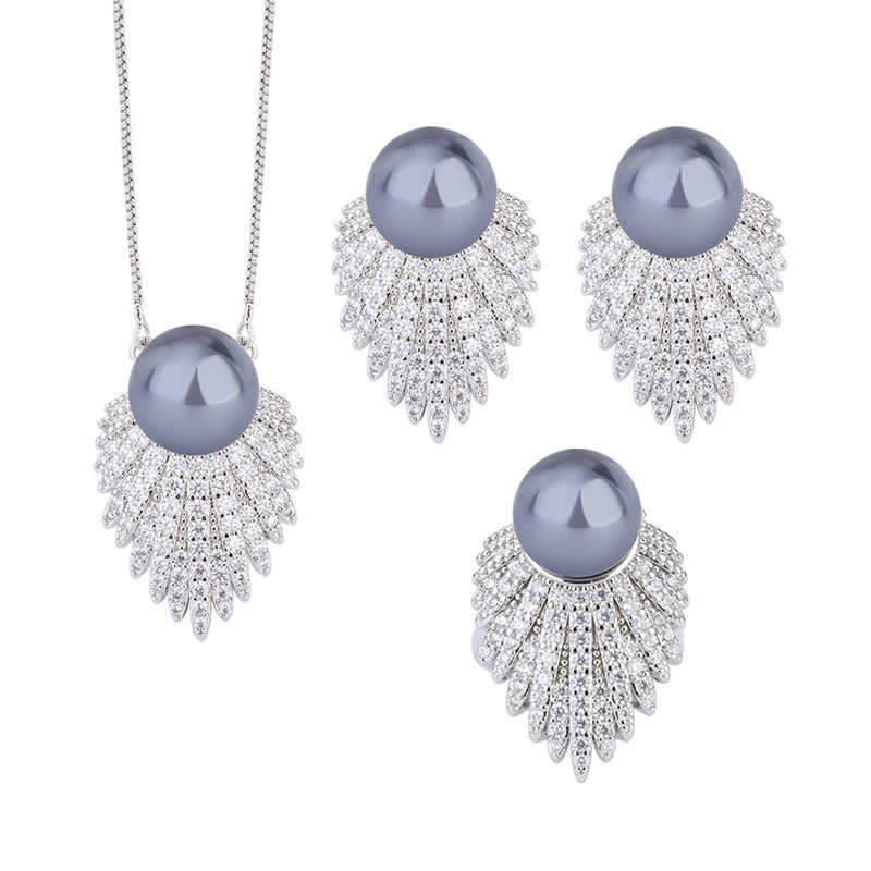 Huabi copper bottom gold-plated inlaid with mother of pearl Korean version fashionable gray pearl set 12mm W250312