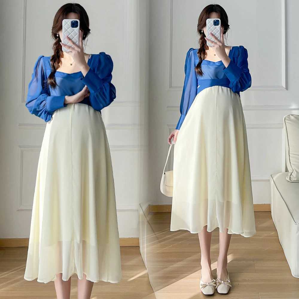 Maternity Dresses Long Sleeved Korean Edition Contrast Color Pregnant Dresses Contrast Color Loose Fit Pregnant Women Long DressT250311