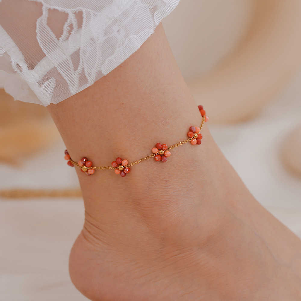Bohemian bead necklace bracelet anklet handmade girl flower glass bead titanium steel chain jewelry set W250312