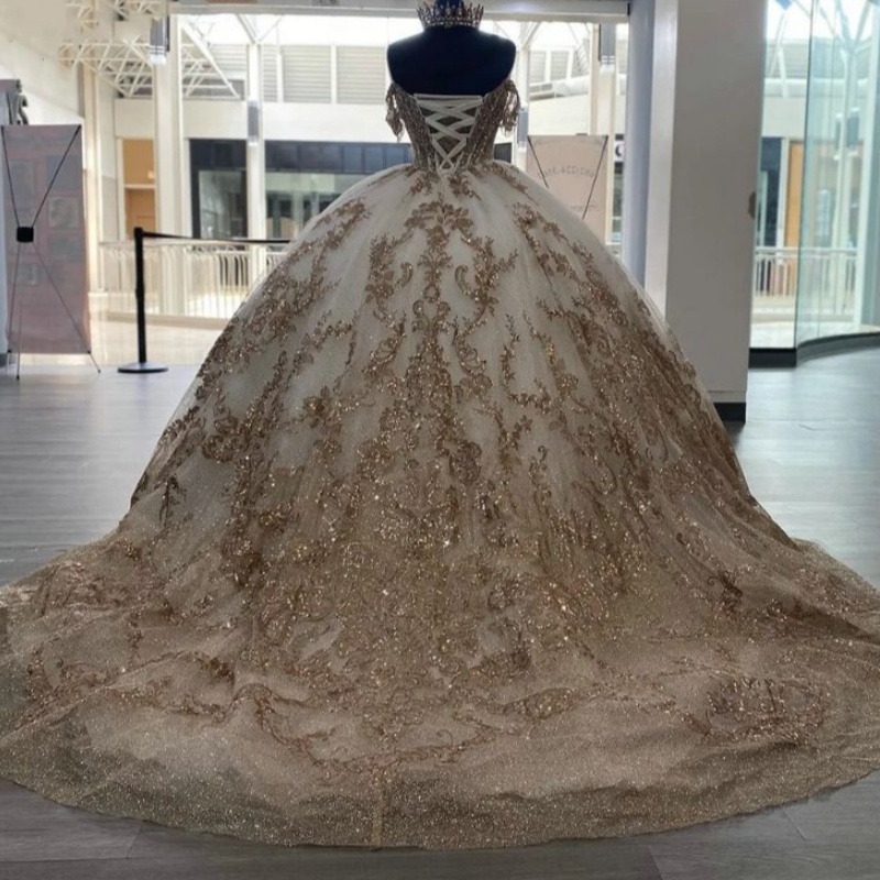 Light Champagne Ball Gown Quinceanera Dress Spaghetti Sequined Appliques Lace Beading Crystal Tassel Tull Vestidos De 15 Anos Sweet 16 Dress