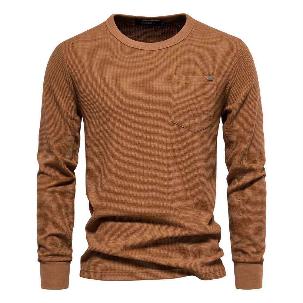 2025 Spring New European Waffle Long Sleeve Round Neck Men's Cotton T-shirt polo tracksuit