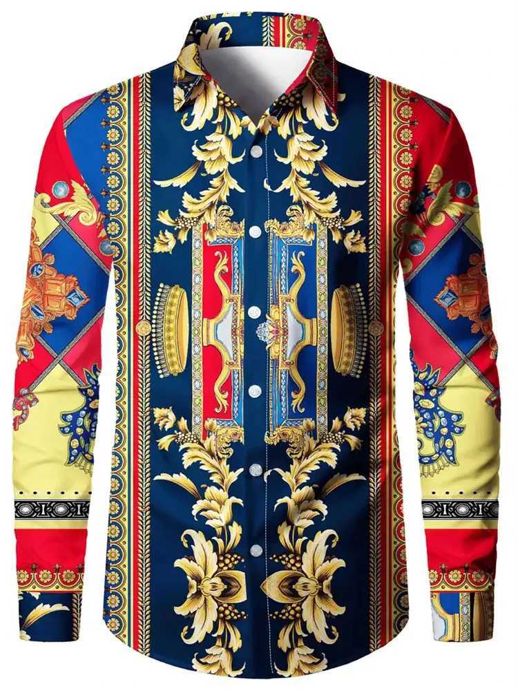 New Retro Mens Lapel Shirt Mens Exquisite Ethnic Print Slim Shirt New Fall Fashion Office Long-sleeved Blouse Elegant Shirt W250312