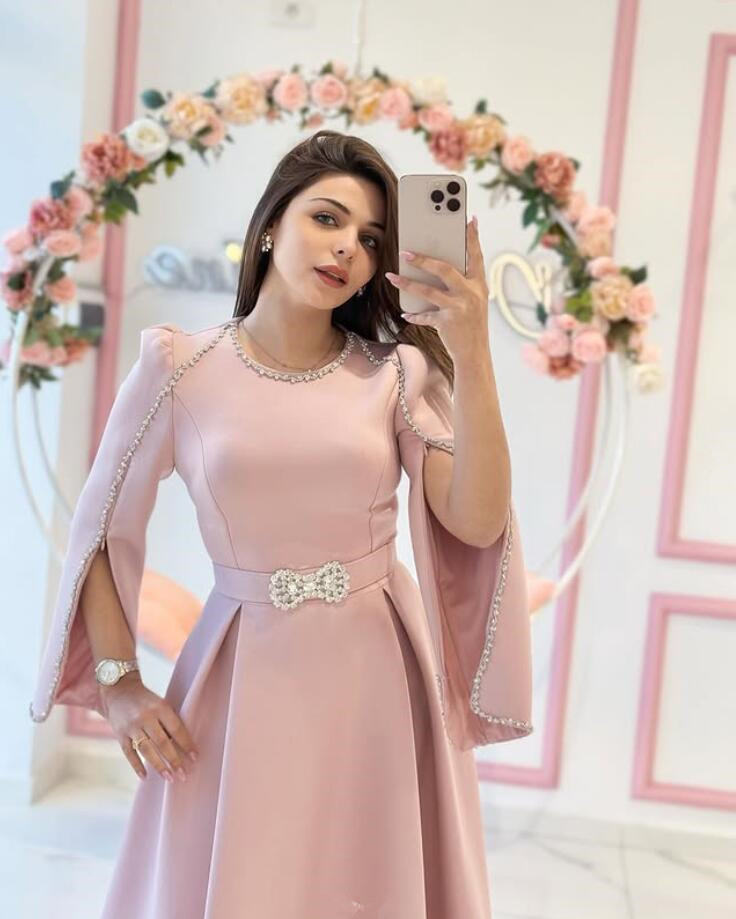 Pink Tea-length Arabic Prom Formal Dresses with Sleeve Cape Crystal Beaded Customsized Saudi Dubai Evening Party Gown Outfit