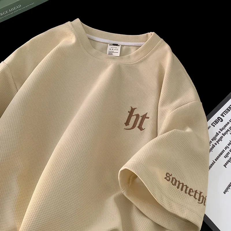 Summer Letter Embroidered Waffle T-shirt For Men Y2K Streetwear Tee Shirts Breathable Vintage Short Sleeve Crewneck Tshirts 250310