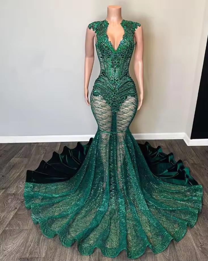 Emerald Green Trumpet Prom Party Dresses 2025 customsized Sparkly Dia Crystal Black Girl Birthday Evening Gown vestidos de gala muje