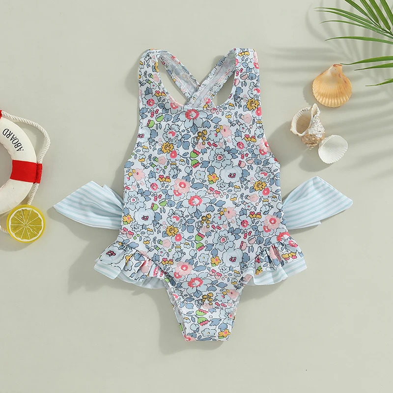 1-6Y Kids Swimwear Girls Bikini Set Sleeveless Bow Straps Floral Bathing Suits Baby Swimsuits Toddler Beachwear 250311