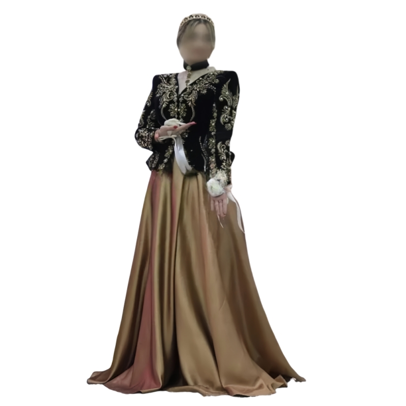 Elegant Arabic Kaftan Prom Dresses Black Velvet Jacket With Long Skirt Gold Beaded Lace Appliques Long Sleeves Outfit Dubai Caftan Modern Evening Gown