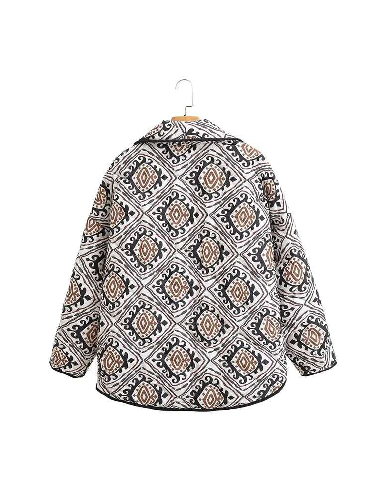 2023 Autumn Printed Quilted Cotton Coat Long Sleeve Winter Jacket Women Cropped Parka Vintage Street Outerwear