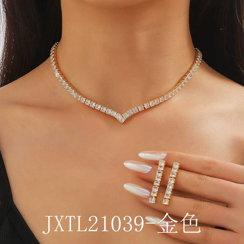 Jewelry Full Diamond Zircon Necklace Earring Set Chain Wedding Dress Jewelry Simple Set W250312