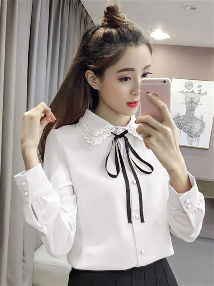 Women Spring Autumn Style Vintage Blouses Shirts Lady Casual Long Sleeve Turn-Down Collar Pink White Blusas Tops Df3089