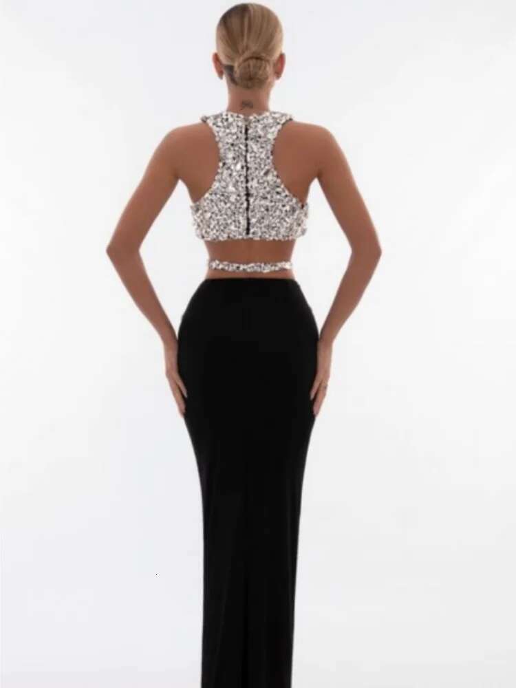 Sparkly Crystal Tops 2 Pieces Bodycon Long Dress Women Sexy Off The Shoulder Nightclub Party Performance Costume