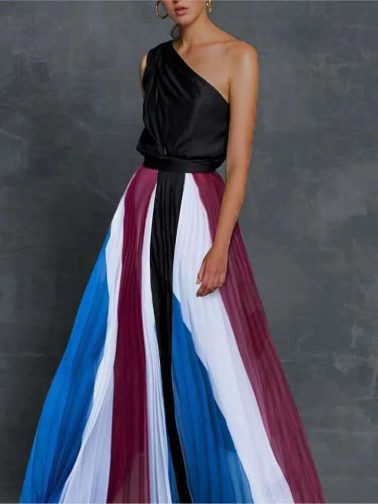 2024 Spring Summer New One Dresses Women Splicing Print Off Shoulder Loose Long Dress Fashion Ladies Commuting Vestidos