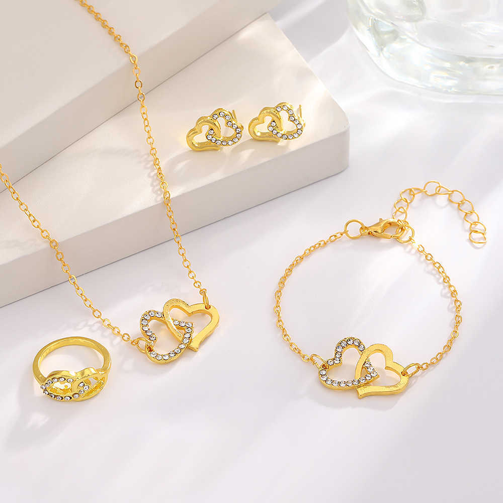 Four piece set of light luxury jewelry cold style double love necklace niche cold style concentric bracelet set W250312