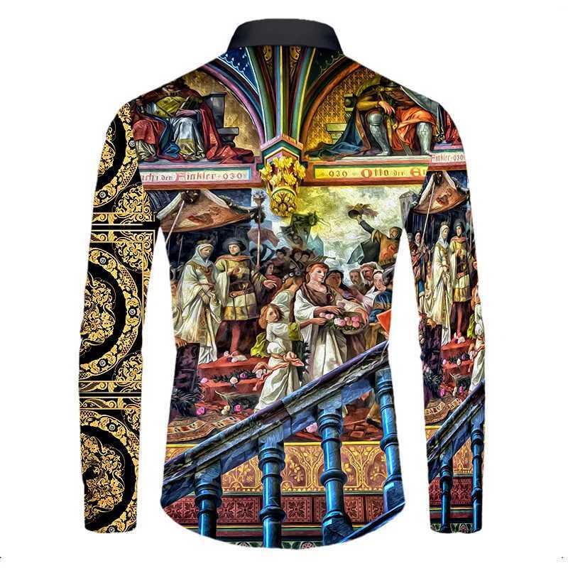 Athleisure High-end Luxury Gold Pattern 3D Printed Long Sleeve Button Down Shirt Mens Street Style Fashion Top Hip Hop Clothing W250312