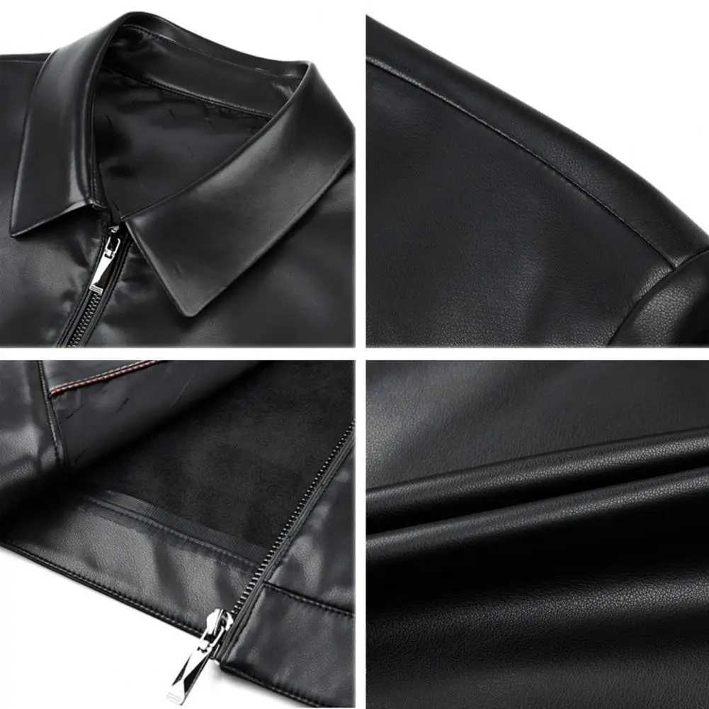 Men Jacket Lapel Long Sleeve Zipper Placket Regular Fit Coat Solid Color Short Style Faux Leather Jacket Casual Street OutwearT250311