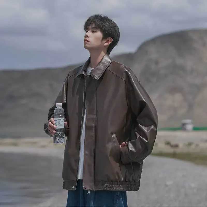 Brown Leather Jacket For Men 2023 New Spring Autumn Motorcycle Cropped Solid Color American Style Vintage PU Leather JacketT250311