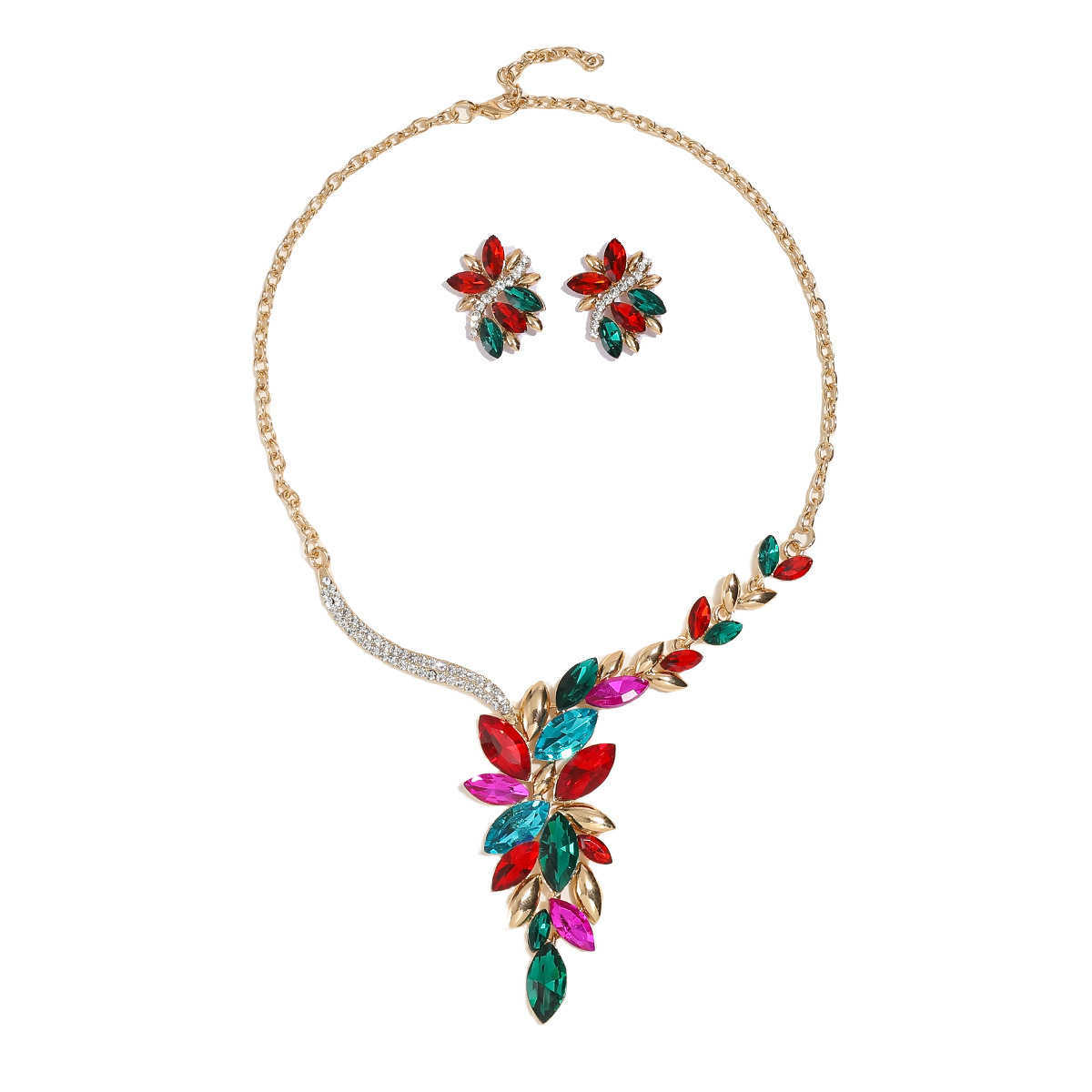 Bridal necklace set alloy diamond studded crystal glass colored jewelry set W250312