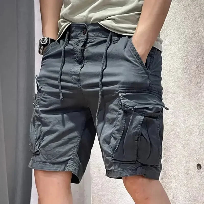 Mens Loose Fit Casual Shorts Summer Thin Section Five Piece Work Trousers Drawstring Leather Belt Straight Leg Mid Trousers Mul 250310