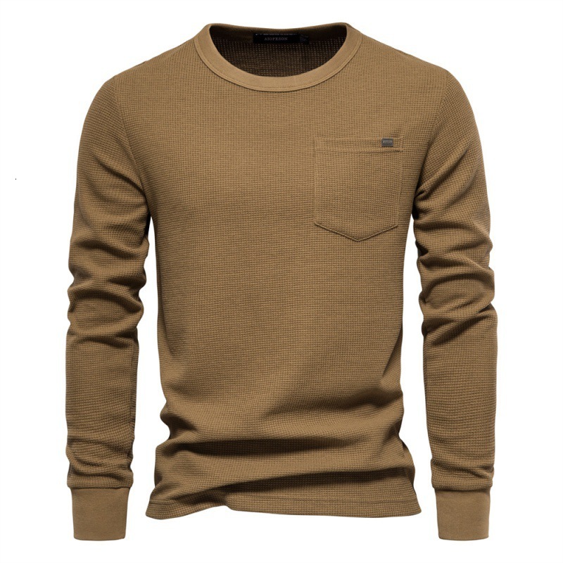 2025 Spring New European Waffle Long Sleeve Round Neck Men's Cotton T-shirt polo tracksuit