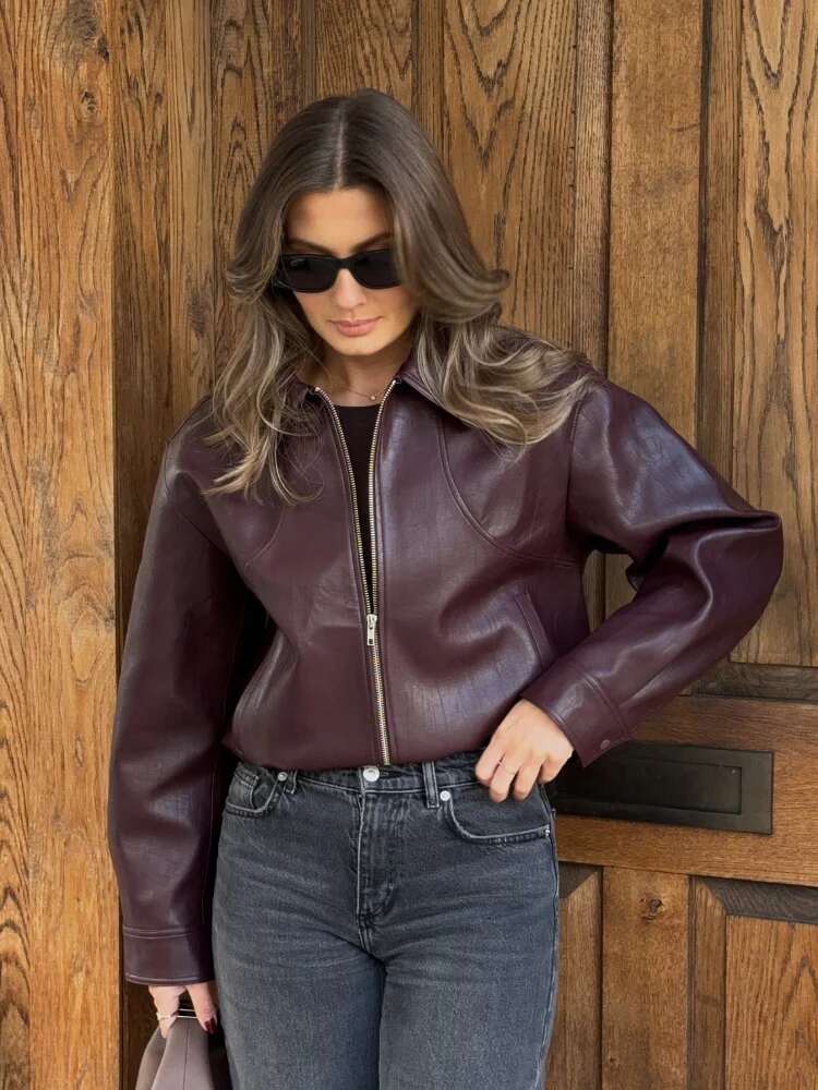 Retro Solid Lapel Zipper Leather Jacket Fashion Bury Full Sleeves Pocket Short Coat 2025 New Woman High Street Outerwear