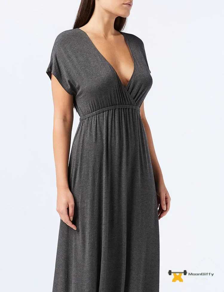Explosive 2024 Spring Womens Draw-waist Ultra-long Casual Commuter V-neck Short-sleeved DressT250311