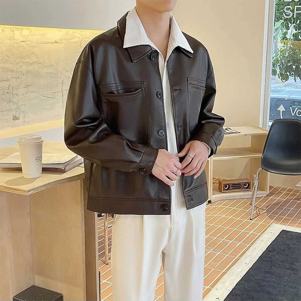 Autumn Mens Fashion Y2k Leather Jacket Trend Solid Color Lapel Casual Short American Street Slim Motorcycle Leather Jacket MenT250311