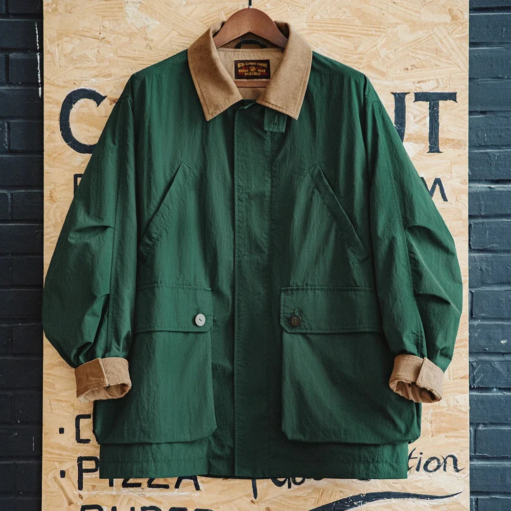 Maden Retro Green Loose Corduroy Collar Multi Pocket Safari Jacket Mens Classic Spring and Autumn Casual 250312